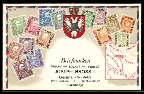 Präge-AK Briefmarken und Wappen Montenegro, Krone, Landkarte, Briefmarken Import, Export & Tausch Joseph Gross