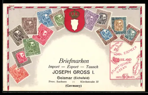 Präge-AK Island, Briefmarken und Wappen, Landkarte, Briefmarken Import, Export & Tausch Joseph Gross