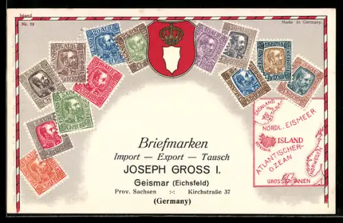 Präge-AK Island, Isländische Briefmarken, Wappen, Landkarte, Briefmarken Import, Export & Tausch Joseph Gross