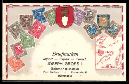 Präge-AK Island, Briefmarken, Wappen und Karte, Briefmarken Import, Export & Tausch Joseph Gross