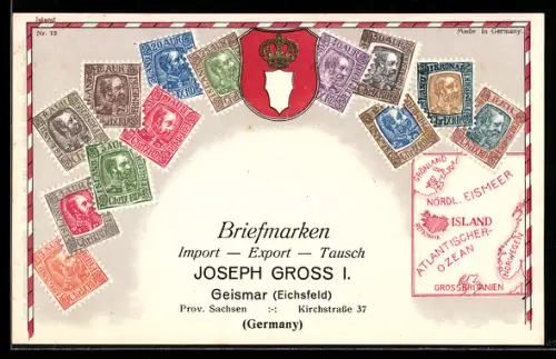 Präge-AK Island, Briefmarken aus Island, Wappen, Landkarte, Briefmarken Import, Export & Tausch Joseph Gross