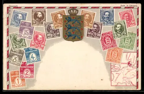 Präge-AK Briefmarken aus Dänemark, Wappen und Karte, Briefmarken Import, Export & Tausch Joseph Gross