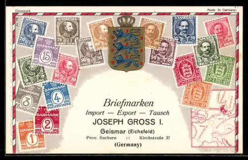 Präge-AK Briefmarken aus Dänemark, Landkarte und Wappen, Briefmarken Import, Export & Tausch Joseph Gross