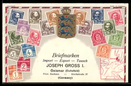 Präge-AK Briefmarken aus Dänemark, Wappen, Landkarte, Briefmarken Import, Export & Tausch Joseph Gross