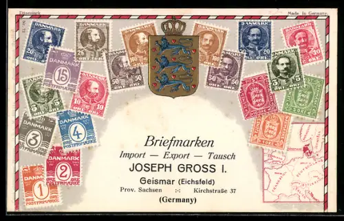 Präge-AK Dänische Briefmarken, Wappen, Landkarte, Briefmarken Import, Export & Tausch Joseph Gross
