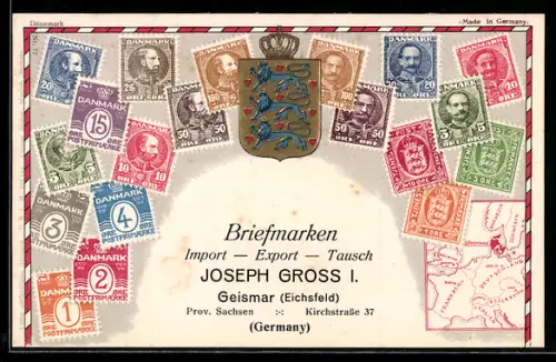 Präge-AK Briefmarken aus Dänemark, Wappen, Landkarte, Briefmarken Import, Export & Tausch Joseph Gross