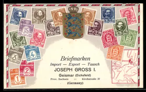 Präge-AK Dänemark, Dänische Briefmarken versch. Werte, Wappen, Briefmarken Import, Export & Tausch Joseph Gross