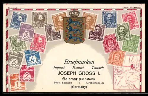 Präge-AK Briefmarken aus Dänemark, Briefmarken Import, Export & Tausch Joseph Gross