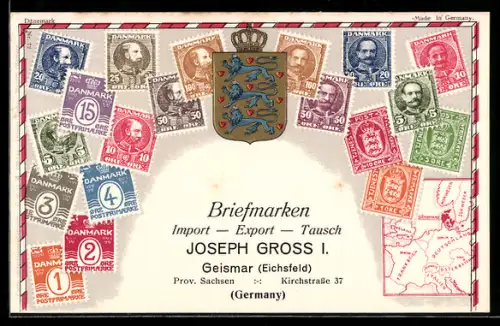 Präge-AK Dänemark, Dänische Briefmarken, Wappen, Briefmarken Import, Export & Tausch Joseph Gross