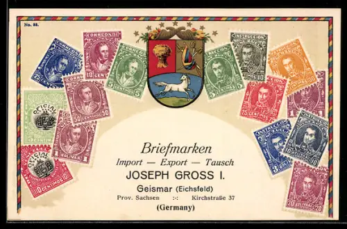 Lithographie Venezuela, verschiedene Briefmarken und Wappen, Briefmarken Import, Export & Tausch Joseph Gross