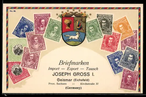 Lithographie Wappen, Briefmarken von Venezuela, Briefmarken Import, Export & Tausch Joseph Gross
