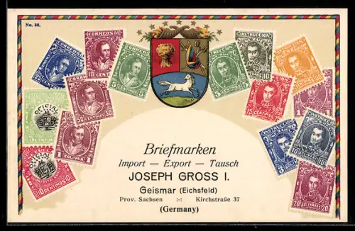 Lithographie Wappen mit Pferd, Briefmarken von Venezuela, Briefmarken Import, Export & Tausch Joseph Gross