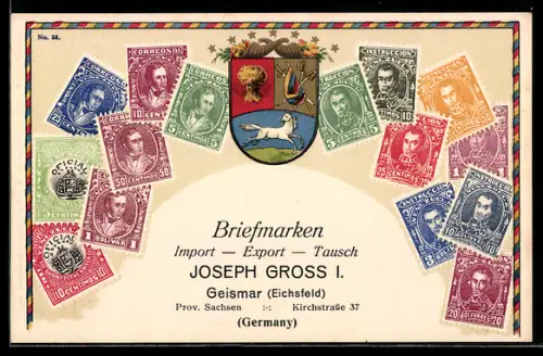 Lithographie Venezuela, verschiedene Briefmarken und Wappen, Briefmarken Import, Export & Tausch Joseph Gross