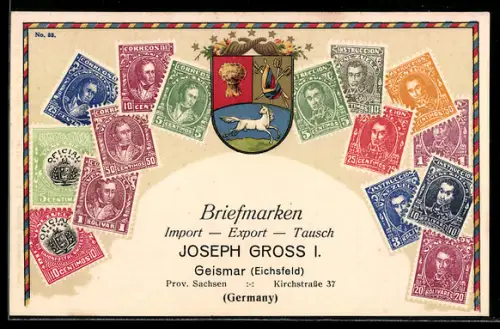 Lithographie Venezuela, verschiedene Briefmarken, Wappen, Briefmarken Import, Export & Tausch Joseph Gross