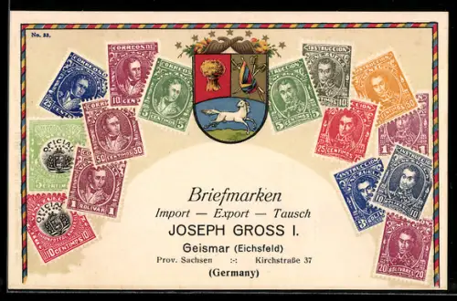 Lithographie Venezuela, verschiedene Briefmarken, Wappen, Briefmarken Import, Export & Tausch Joseph Gross