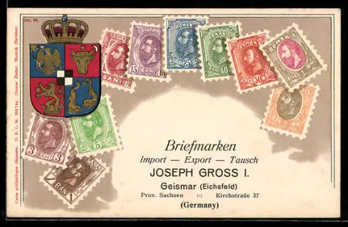 Lithographie Rumänische Briefmarken mit versch. Werten, Wappen, Briefmarken Import, Export & Tausch Joseph Gross