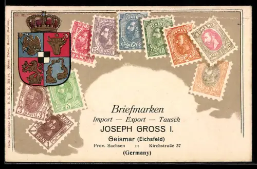 Lithographie Rumänische Briefmarken versch. Werte, Wappen, Briefmarken Import, Export & Tausch Joseph Gross