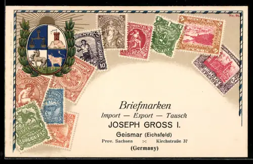 Lithographie Uruguay, Wappen, Briefmarken m. versch. Werten, Briefmarken Import, Export & Tausch Joseph Gross