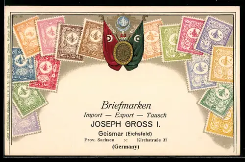 Lithographie Türkische Briefmarken m. versch. Werten, Wappen, Briefmarken Import, Export & Tausch Joseph Gross