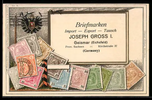 Präge-AK Österreichische Briefmarken, Adler-Wappen, Briefmarken Import, Export & Tausch Joseph Gross