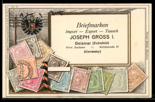 Präge-AK Briefmarken Österreich, Adler-Wappen, Briefmarken Import, Export & Tausch Joseph Gross