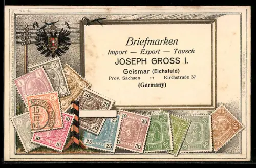 Präge-AK Briefmarken Österreich, Adler-Wappen, Briefmarken Import, Export & Tausch Joseph Gross