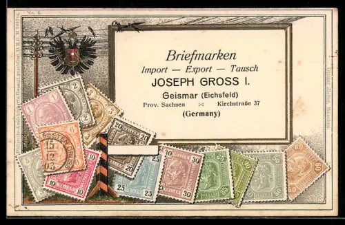 Präge-AK Österreichische Briefmarken, Wappen, Briefmarken Import, Export & Tausch Joseph Gross