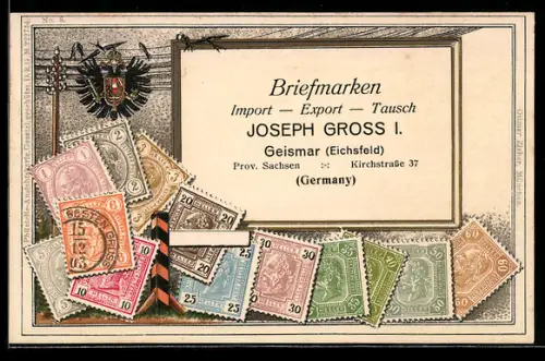Präge-AK Briefmarken Österreich, Adler-Wappen, Briefmarken Import, Export & Tausch Joseph Gross