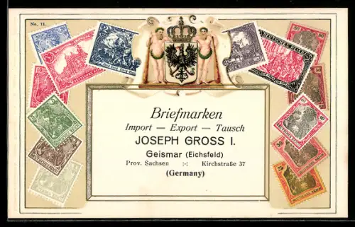 AK Briefmarken Deutsches Reich, Wappen, Briefmarken Import, Export & Tausch Joseph Gross