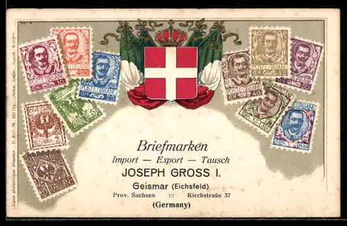 Präge-AK Italien, Briefmarken mit Wappen, Briefmarken Import, Export & Tausch Joseph Gross