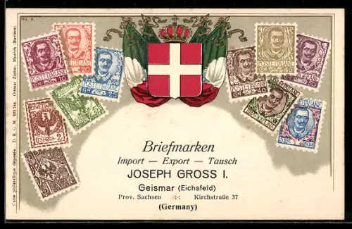 Präge-AK Italien, Italienische Briefmarken, Wappen, Briefmarken Import, Export & Tausch Joseph Gross