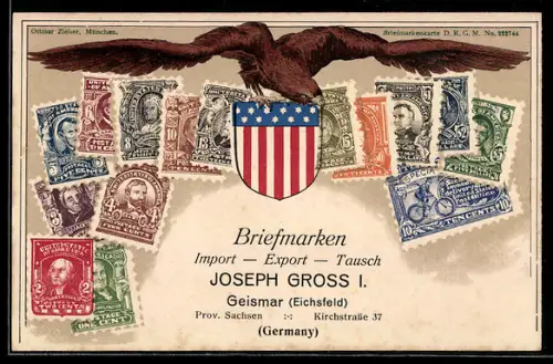 AK Amerikanische Briefmarken, Wappen, Adler