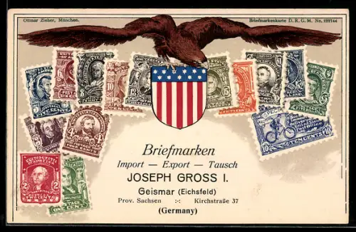 AK Amerikanische Briefmarken, Wappen, Adler