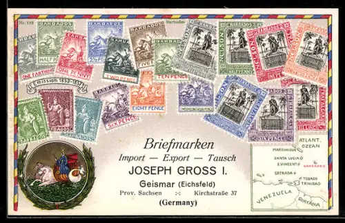 AK Barbados, Briefmarken der Insel, u. a. mit Nelson-Statue, Briefmarken Import-Export Joseph Gross I. in Geismar