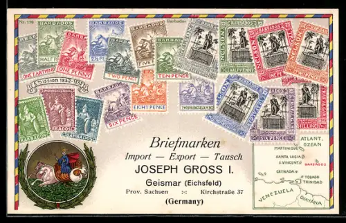 AK Barbados, Briefmarken der Insel, u. a. mit Nelson-Statue, Briefmarken Import-Export Joseph Gross I. in Geismar