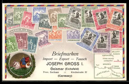 AK Barbados, Briefmarken der Insel, u. a. mit Nelson-Statue, Briefmarken Import-Export Joseph Gross I. in Geismar