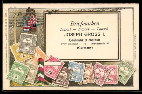AK Reklame für Briefmarken Import-Export Joseph Gross I. in Geismar, Briefmarken und Wappen