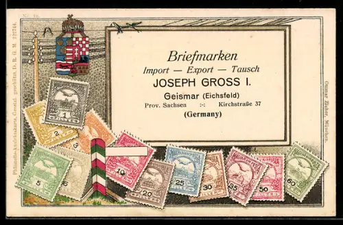 AK Reklame für Briefmarken, Briefmarken Import-Export Joseph Gross I. in Geismar