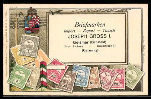 AK Briefmarken, Reklame der Firma Import-Export Joseph Gross I. in Geismar, Briefmarken und Wappen