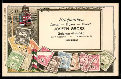 AK Reklame für Briefmarken, Briefmarken Import-Export Joseph Gross I. in Geismar