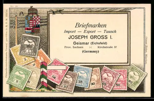 AK Briefmarken, Reklame der Firma Import-Export Joseph Gross I. in Geismar, Briefmarken und Wappen