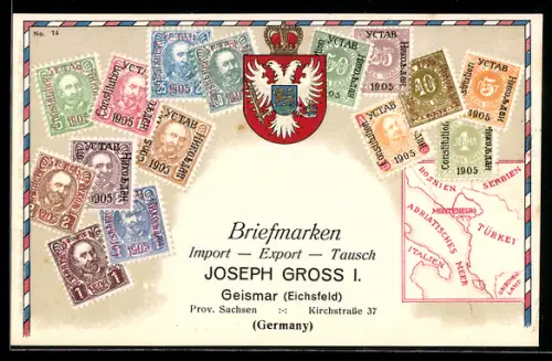 AK Briefmarken und Wappen Montenegro, Krone, Landkarte