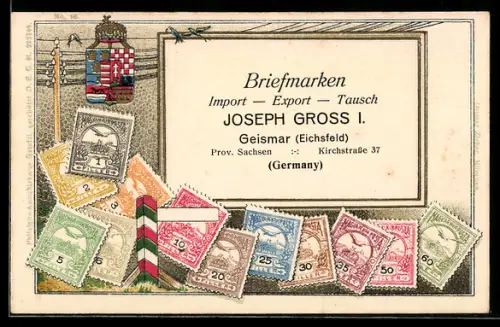 AK Reklame für Briefmarken, Import-Export Joseph Gross I. in Geismar, Briefmarken und Wappen