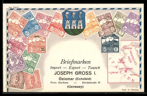 AK San Marino, verschiedene Briefmarken, Landkarte des Adriatischen Meeres mit Umgebung