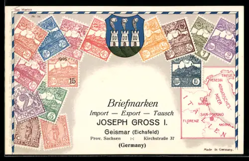 AK San Marino, verschiedene Briefmarken, Landkarte des Adriatischen Meeres mit Umgebung