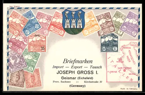 AK San Marino, verschiedene Briefmarken, Landkarte des Adriatischen Meeres mit Umgebung