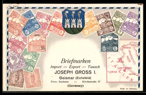 AK San Marino, verschiedene Briefmarken, Landkarte des Adriatischen Meeres mit Umgebung
