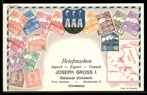 AK San Marino, verschiedene Briefmarken, Landkarte des Adriatischen Meeres mit Umgebung
