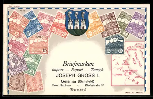 AK San Marino, verschiedene Briefmarken, Landkarte des Adriatischen Meeres mit Umgebung