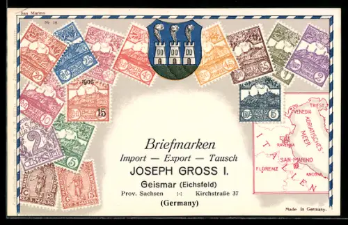AK San Marino, verschiedene Briefmarken, Landkarte des Adriatischen Meeres mit Umgebung